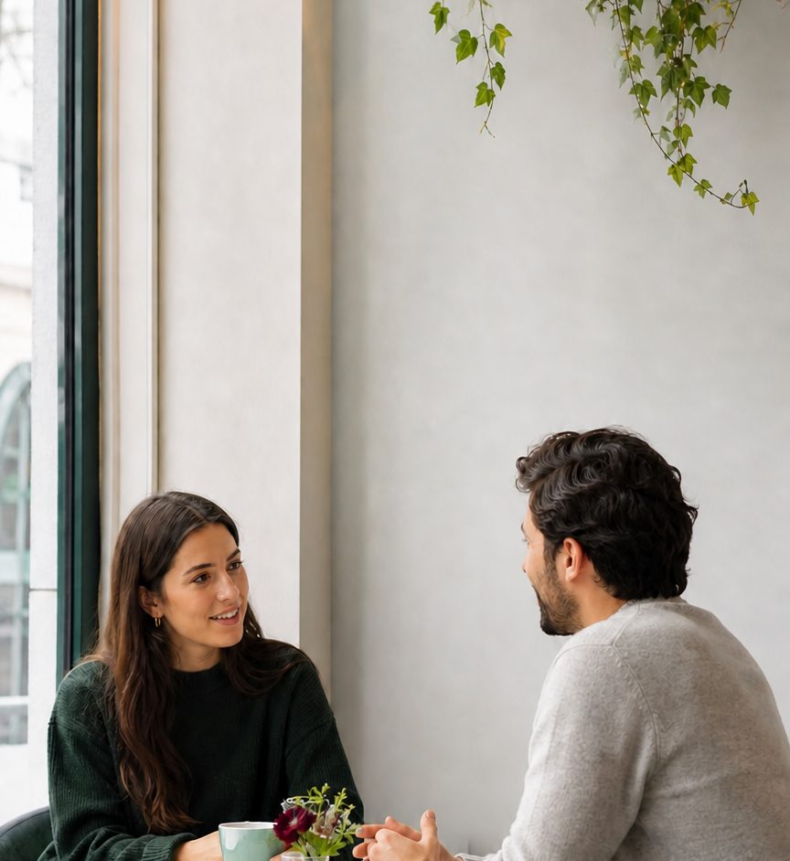 Two adults talking across a cafe table